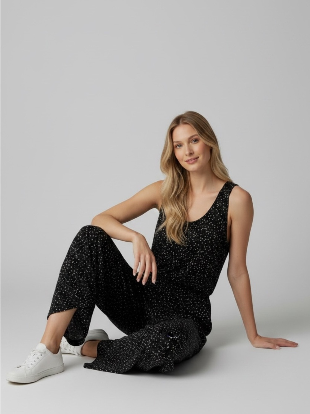 Black Open V Back Sleeveless Jumpsuit with Subtle PolkaDot Print